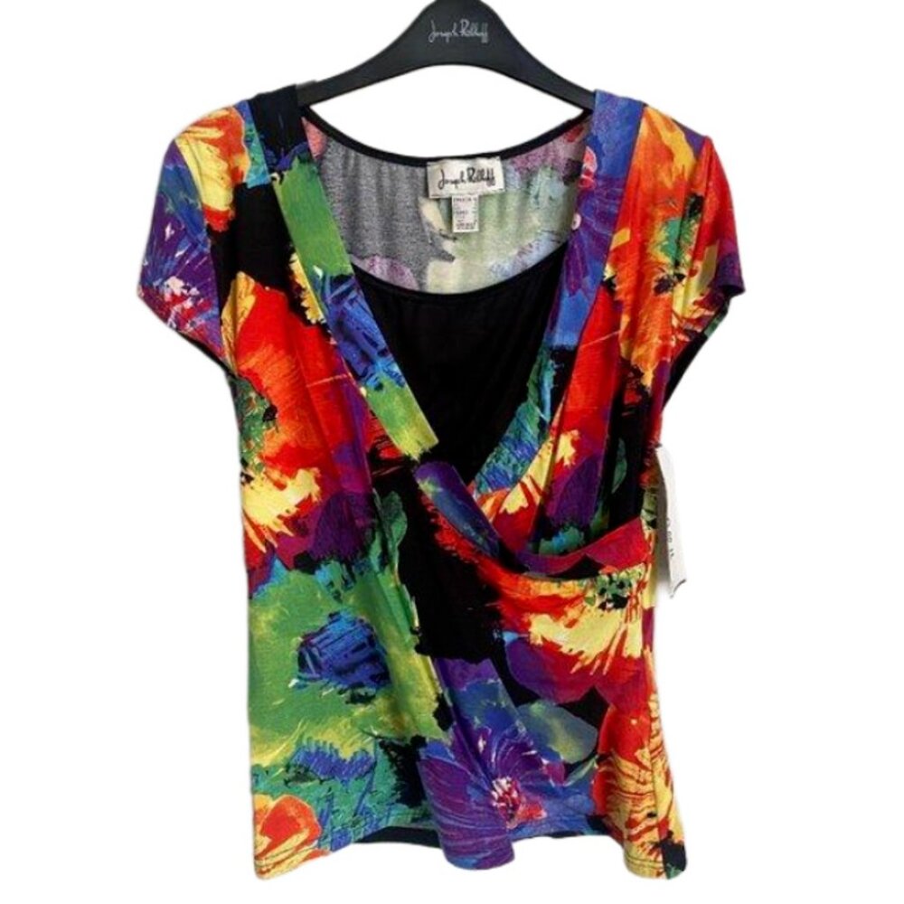 Joseph Ribkoff Colorful Shirt Sleeve Wrap Style Stretch Top Size 12
